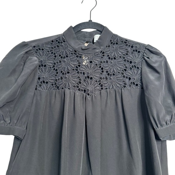 Tibi Black 100% Silk Blouse Womens Size 0 Short Sleeve Top Shirt Lace - Picture 3 of 6